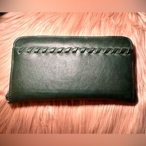 Dark Green Leather Wallet with Braided Trim